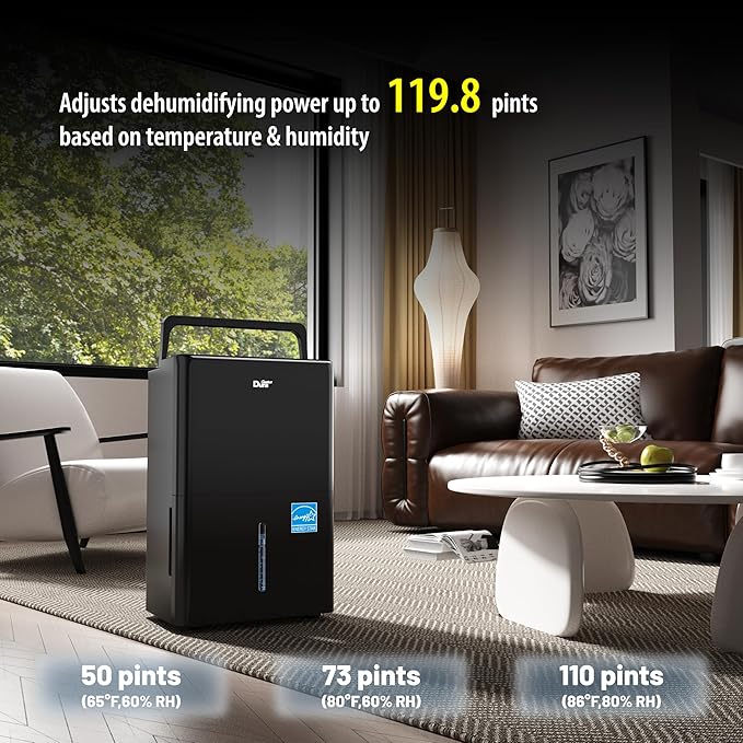 DuraComfort 50 Pint Dehumidifier, Built-in Pump, 4500 Sq Ft Coverage, Energy Star, Black