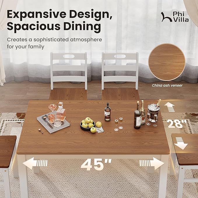 PHI VILLA Dining Table Set for 4, Classic Farmhouse Kitchen Table with 4 Chairs with Built-in Handle, Solid Wood Rectangle Dinner Table Set, American Walnut& White