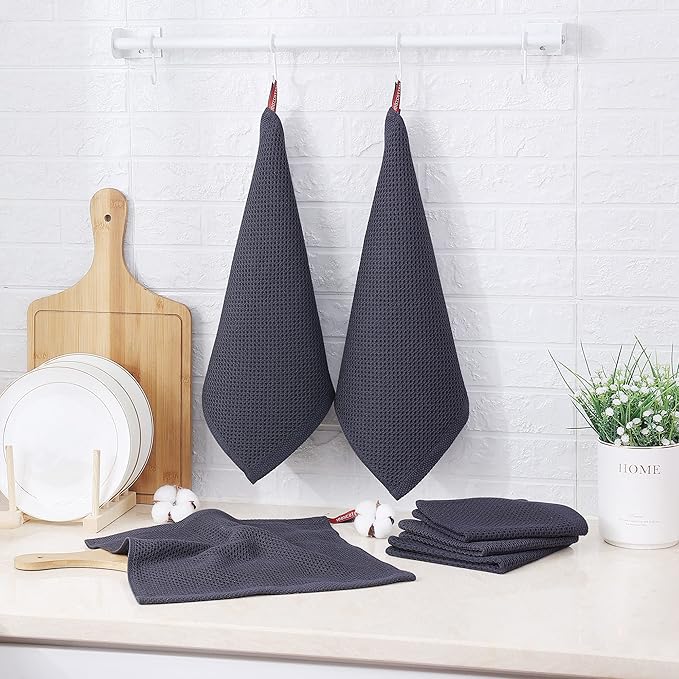 Kitinjoy 100% Cotton Kitchen Dish Cloths, 6 Pack Waffle Weave Ultra Soft Absorbent Dish Towels for Drying Dishes Quick Drying Kitchen Towels Dish Rags, 12 X 12 Inches, Dark Grey