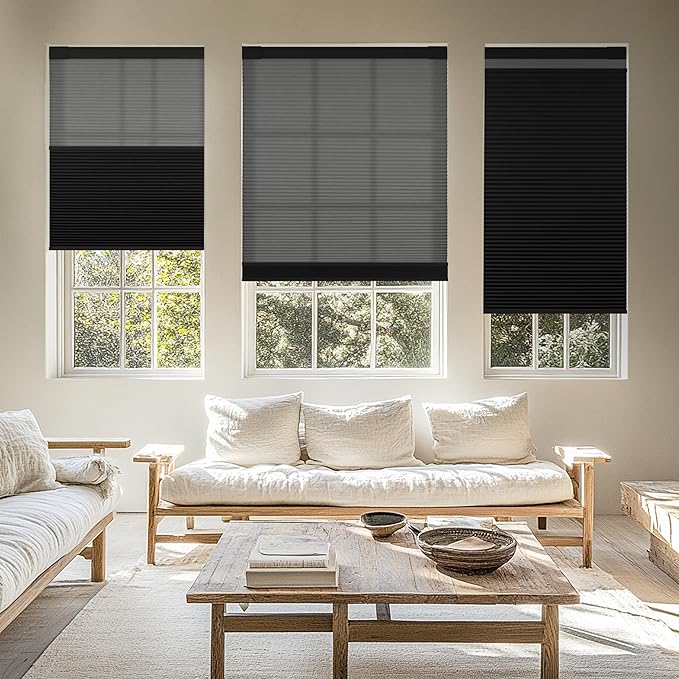 Boolegon Day and Night Cellular Shades No Tools No Drill Blinds for Window Cordless Easy to Install Honeycomb Shades Blackout&Filter Light Window Shades for Office Home, Black, Custom Size