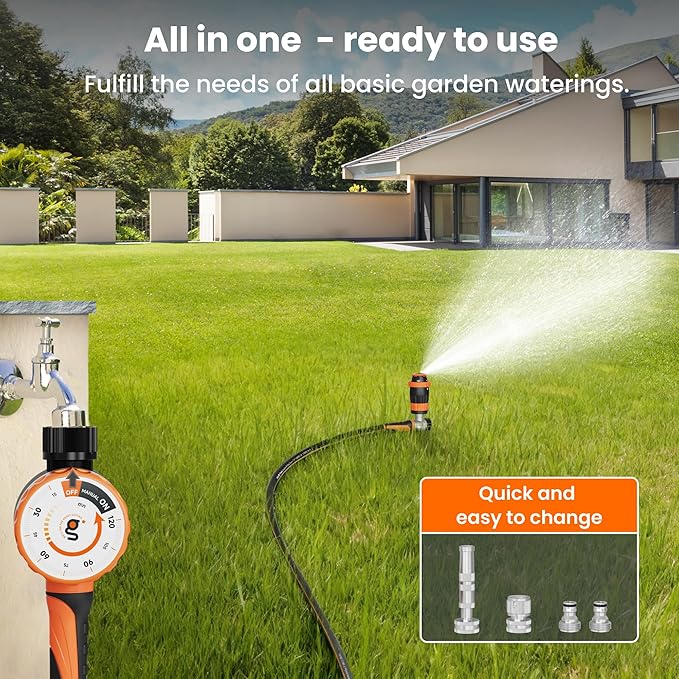Giraffe Tools Garden Hose 25ft x 5/8", Water Hose Heavy Duty, Flexible with Water Timer Nozzle and Yard Sprinkler, Lightweight Hybrid Hose with Swivel Handle, Male to Female Fittings, Burst 600 PSI