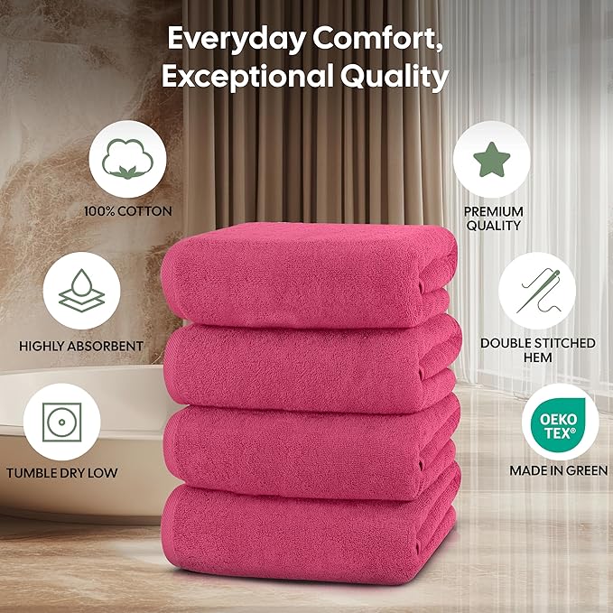 EcoNour 4 Pack Pink Bath Towels | 27x54 Inch Cotton Towel Set for Bathroom, Gym, Spa & Travel | Soft, Quick-Drying, Lightweight & Absorbent Towels for Daily Use