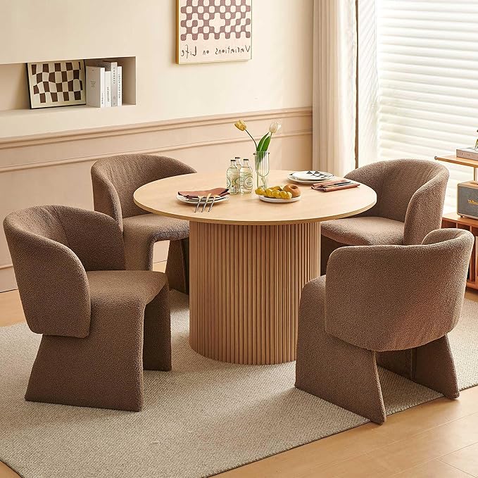Dining Table Set for 4, 47" Round Kitchen Table with Two-Part Tabletop& Wood Strips Base, Oak Wood Finish Circle Dinner Table with Brown Teddy Velvet Dining Chairs Upholstered