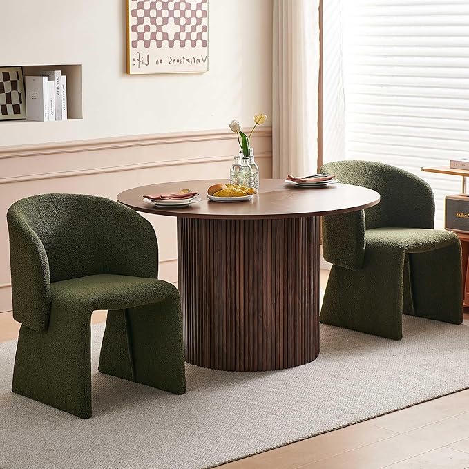 Dining Table Set for 2, 47" Circle Kitchen Table and Green Upholstered Barrel Dining Room Chairs, Classic Dinette Set, Engineered Wood Two-Part Tabletop with Walnut Finish