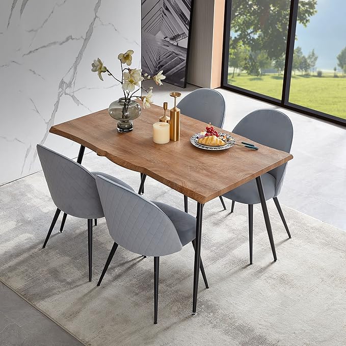 5-Pieces Kitchen Dining Table Set for 4,Unique Design Live Edge Dining Table with Thick Tabletop & 4 Grey Velvet Dining Chair Upholstered Set with Stable Metal Legs for Restaurant,Dining Hall