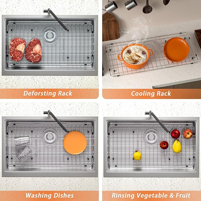 Large Sink Protector for Kitchen Sink,Metal Sink Rack 27.5" X 13.5",Stainless Steel Sink Grid for Bottom of Sink with Strainer,Corner Radius 1",Sink Grate with Rear Drain Hole for Single Bowl,1 Pack