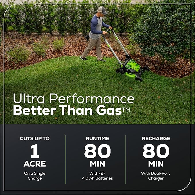 Greenworks 60V 25” Cordless (Self-Propelled) Lawn Mower (LED Lights + Aluminum Handles), 2 x 4.0Ah Batteries and Dual Port Rapid Charger