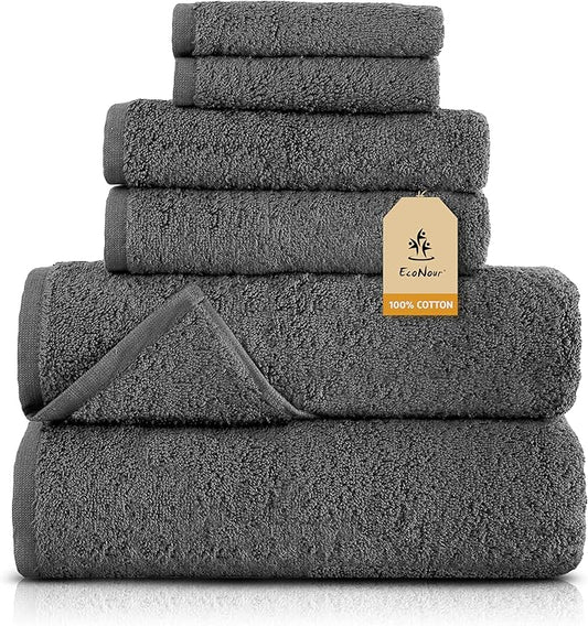 EcoNour Luxury 6-Piece Cotton Towel Set | 100% Dark Grey Turkish Cotton Towels for Bathroom, Spa, Gym & Hotel | Includes 2 Bath Towels, 2 Hand Towels, 2 Wash Cloths | Soft,Quick Dry & Highly Absorbent