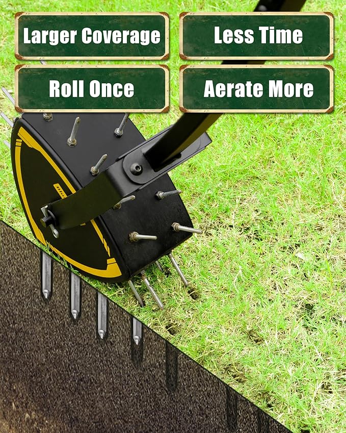 Patented Rolling Lawn Aerator, Heavy Duty Manual Push Tool with 30 Spikes for Soil Loosening, Spike Aeration Roller with Reuleaux Triangle Design for Garden Care, Revives Lawn Health, Save Labour