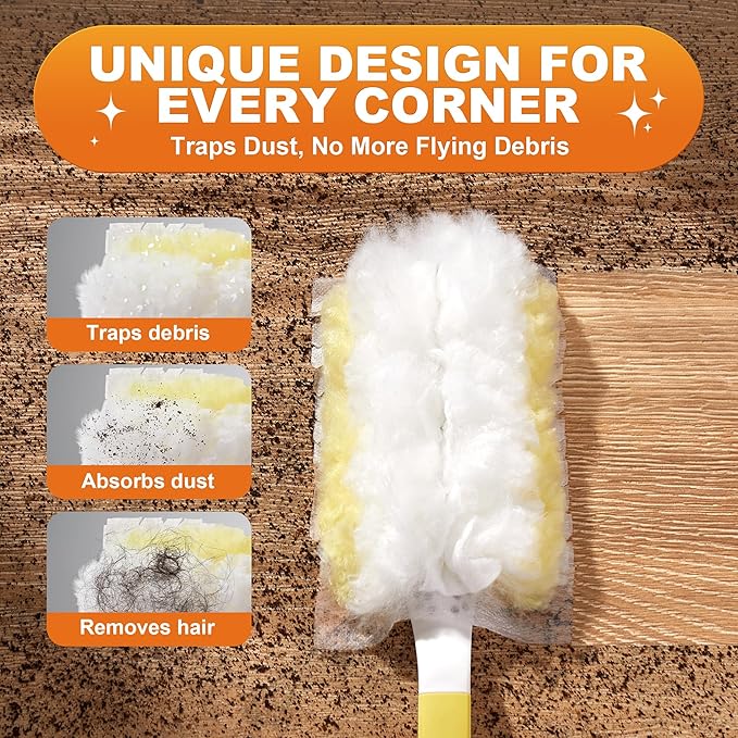 JOYMOOP Disposable Duster for Cleaning, with 1 Handles & 48 Ct Yellow Heavy Duty Refills for Swiffer Feather Duster, Household Cleaning Tool for Electronics, Dusting Furniture, Blinds