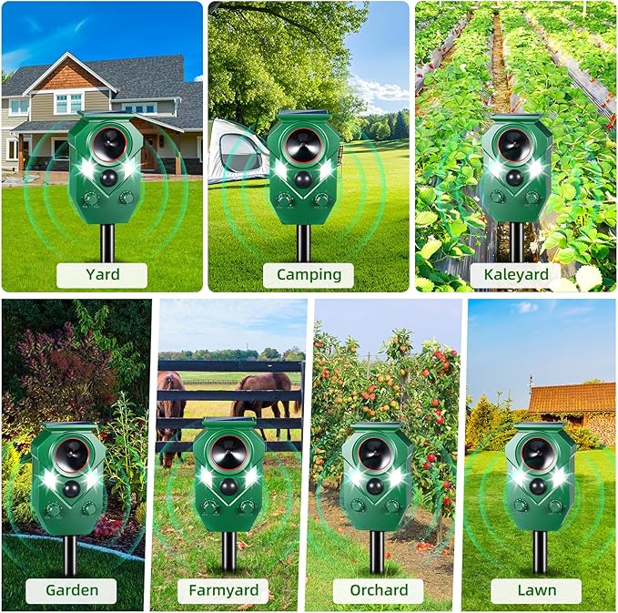Solar Animal Repellert Outdoor Supplement USB Rechargeable Cat Repeller Outdoor Squirrel Rabbit Fox Adjustable Frequency Deer Repellent Devices with Light and Motion Detection