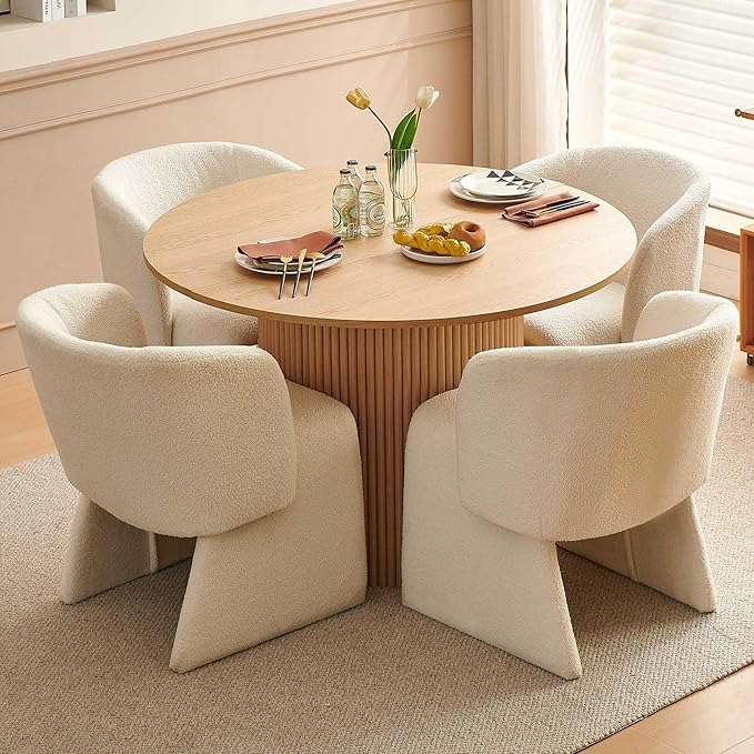 47-in Round Dining Table with 4 Chairs Set, Modern Kitchen Table with Two-Part Oak Wood Finish Tabletop and Wooden Strip Base, Fully Wrapped Teddy Velvet Barrel Dining Accent Chairs