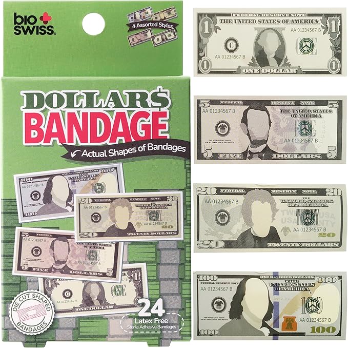 BioSwiss Kids Bandages, Money Shaped Self Adhesive Bandage Set, Latex Free, Sterile Wound Care, 24 Count