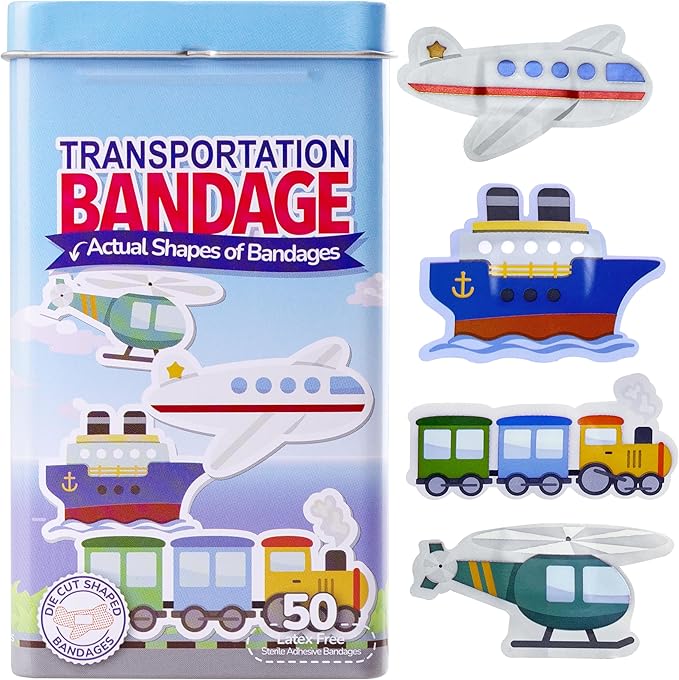 BioSwiss Kids Bandages, Transportation Shaped Self Adhesive Bandage Set, Latex Free, Sterile Wound Care, 50 Count