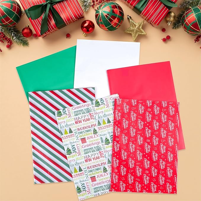 ASOEMERZ 180 Sheets Christmas Tissue Paper 20 x 14 Inches, Small Wrapping Paper for Christmas Gift Boxes DIY, Holiday Presents, Gift Bags (6 Designs)