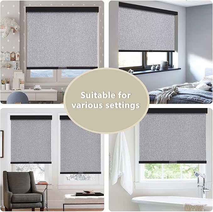Cordless Blackout Roller Shades Blinds for Windows Free-Stop,Pull Down Room Darkening with Valance,Thermal Insulated Woven Fabric Window Door Blinds for Home,Office,Heather Grey 28" W x 72" H