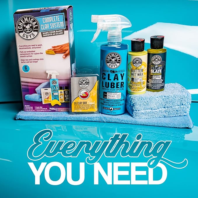 Chemical Guys Clay Bar Kit - Complete System - Clay Bar and Lubber Combo with Accessories for Smooth Paint Finish - Removes Embedded Dirt, Overspray, and Fallout - 6 Item Kit