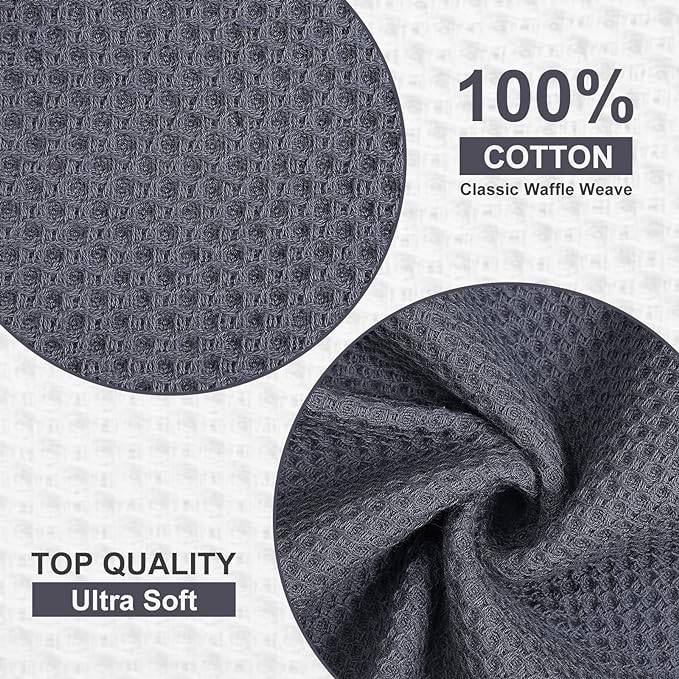 Kitinjoy 100% Cotton Kitchen Dish Cloths, 6 Pack Waffle Weave Ultra Soft Absorbent Dish Towels for Drying Dishes Quick Drying Kitchen Towels Dish Rags, 12 X 12 Inches, Dark Grey