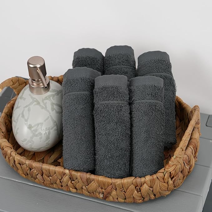 Tens Towels Pack of 12 Washcloths, 12 x 12 Inches, Lighter Weight, Quick to Dry, Super Soft & Absorbent, Gentle Face Towels, Hotel Quality, Perfect for Bathroom, Gym, Spa (Dark Grey, 12 Pack)