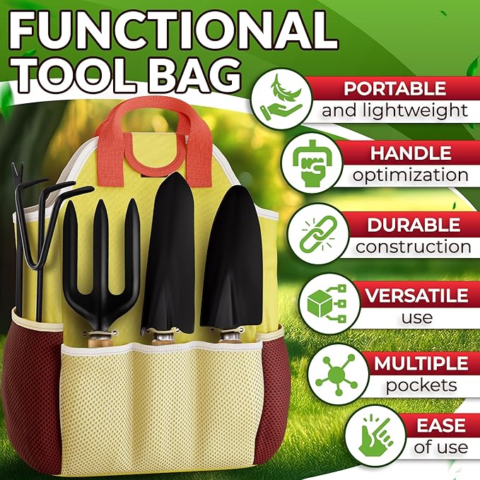 10 Pcs Gardening Hand Tools – All-in-One Gardening Tool Set with Functional Tote Bag, Ergonomic Design & Durable Rust-Resistant Steel – Comfortable Planting, Digging & Easy Garden Maintenance