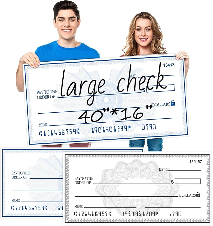 Big Check Giant Check 40x16 Inch Dual-Color Dry Erase Award Chcek | Blue & Black Reusable Ceremonial Plaque for Fundraising & Milestones | Waterproof Laminated Paper