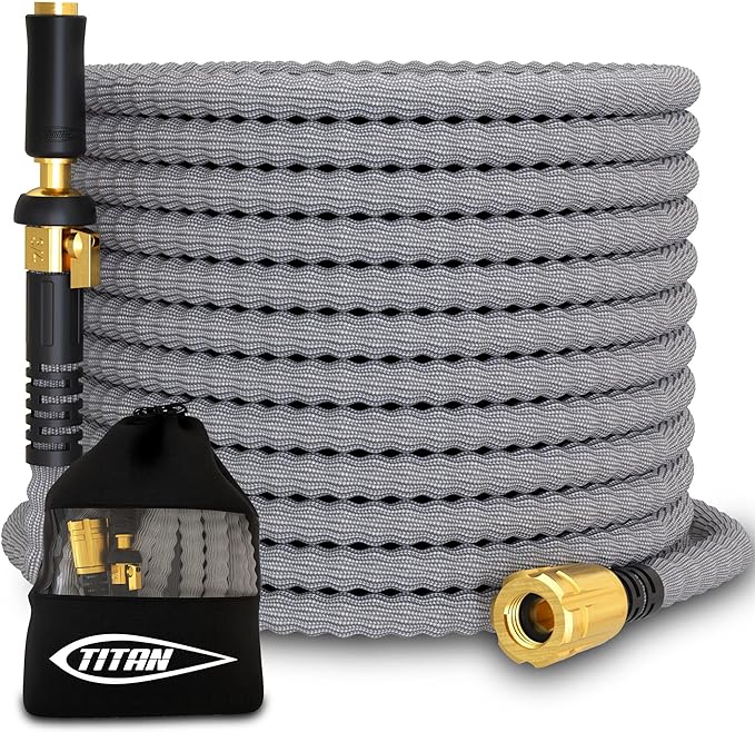 TITAN Flexible Garden Hose 30FT – Ultra Lightweight, Heavy Duty Water Hose with Brass Fittings & Jet Nozzle – Kink-Free, Non-Expanding, Durable Fabric Hose for Yard, Lawn, Car Wash, Outdoor Use