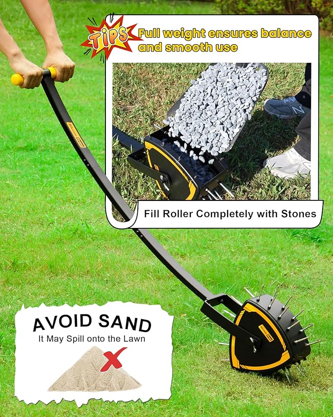 Patented Rolling Lawn Aerator, Heavy Duty Manual Push Tool with 30 Spikes for Soil Loosening, Spike Aeration Roller with Reuleaux Triangle Design for Garden Care, Revives Lawn Health, Save Labour