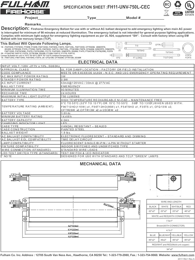 Fulham FH11-UNV-750L-CEC FireHorse 11 - Emergency Ballast - Universal Voltage - 750 Initial Lumen Output, White