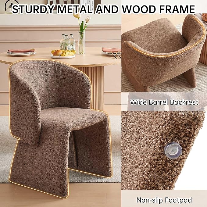 Dining Table Set for 4, 47" Round Kitchen Table with Two-Part Tabletop& Wood Strips Base, Oak Wood Finish Circle Dinner Table with Brown Teddy Velvet Dining Chairs Upholstered