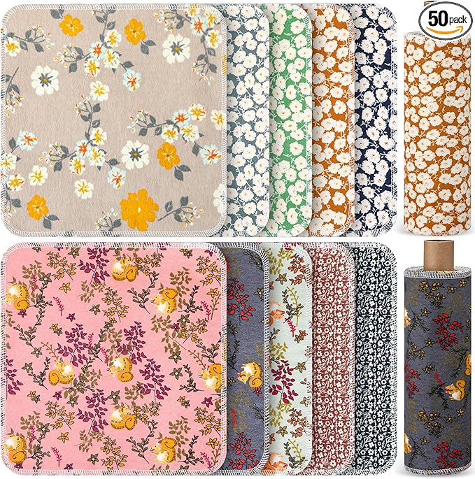 Redbaker 50 Pcs Reusable Paper Towels Paperless Reusable Cotton Cloths Toilet Absorbent Washable Paper Towels with Roll Kitchen Dishcloth for Kitchen Paperless Dishcloths(Classic)