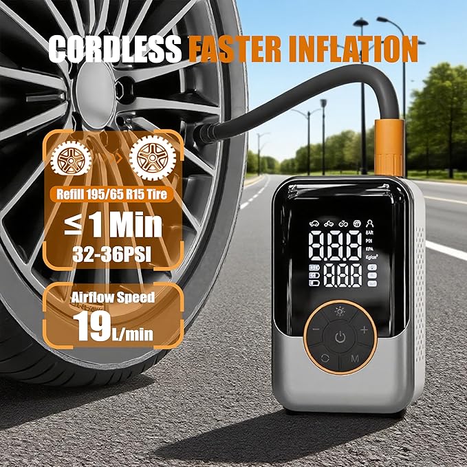 Portable Tire Inflator, Handheld with LCD Display & Auto Shut-off, Built-in Flashlight, Dual Power Modes, for Car/Bike/Motorcycle/Inflatables