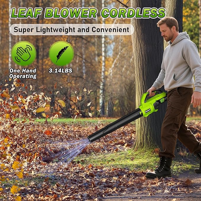 RYAHT Leaf Blower Cordless, 21V Powerful Electric Leaf Blower with 2 X 4.0Ah Batteries and Charger, 2 Speed Modes, Handheld Lightweight Leaf Blowers for Lawn Care, Patio, Dust, Blowing Leaves, Green