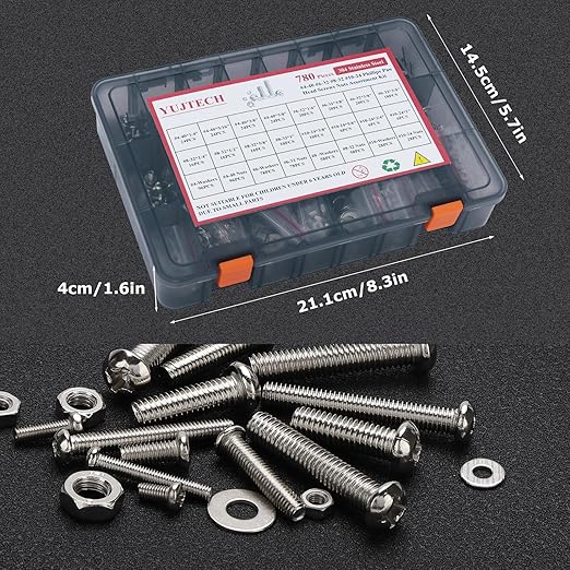 780Pcs Machine Screws Assortment Kit,#4-40#6-32#8-32#10-24 Stainless Steel Screws Set with Nuts Bolts and Flat Washers, for Electronics Furniture Automotive Repair & DIY Projects