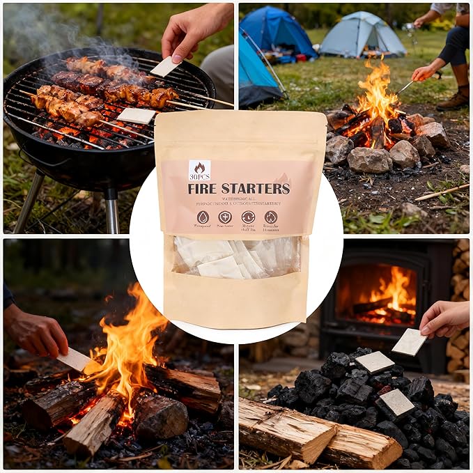 (30 Pcs/Bag) Quick Instant Fire Starter, Waterproof All-Purpose Indoor & Outdoor Firestarter,for Charcoal,Fireplace, Campfire, Wood Stove Odorless，BBQ and Non-Toxic