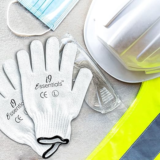 I9 Essentials 12-Pair Cotton Work Gloves with PVC Grip Dots (Large) – Breathable, Anti-Slip Gloves for Gardening, Construction, Warehouse, Yard Work & Home Maintenance