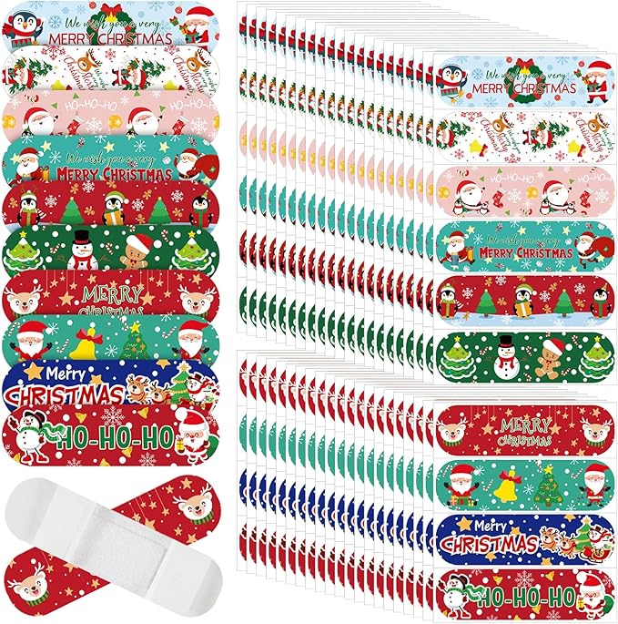 Patelai 300 Pieces Kids Bandages Bulk 10 Styles Children's Adhesive Flexible Colorful Cute Cartoon Bandages Waterproof Breathable Stickers Protection Care Cuts for Girls Boys(Santa Claus)
