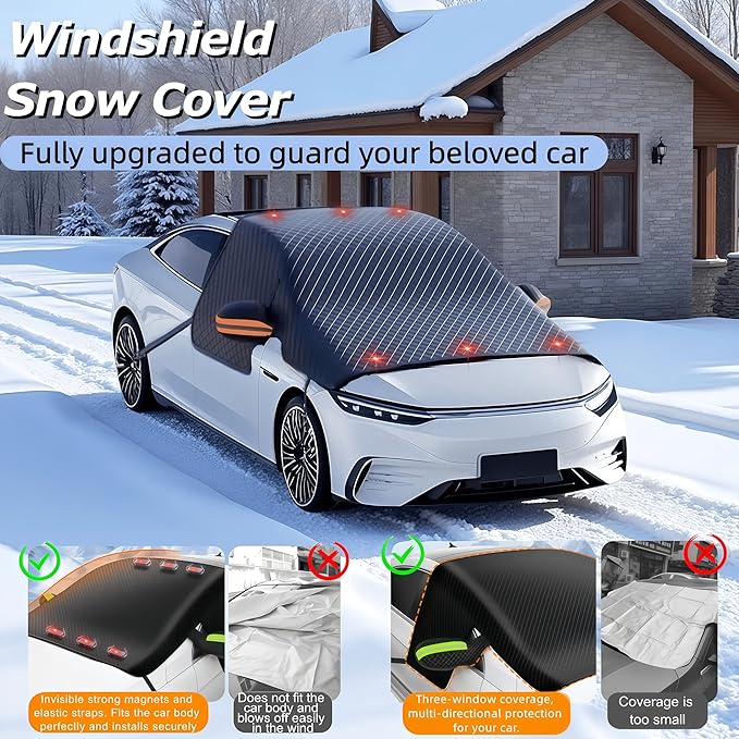 Windshield Snow Cover,Oxford Fabric Winter Frost Cover with Side Window and Rearview Mirror Protector, Extra Large Magnetic Frost Guard Windshield Cover for Most Cars,SUV,Sedan,Truck (Green)