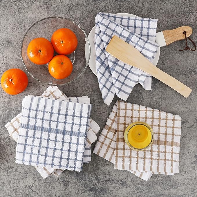 Egles 8 Packs Kitchen Dishcloths, 100% Cotton Grid Terry Dish Cloths 12" x 12" Ultra Soft Super Absorbent Dishrag Reusable Dishcloth, Multi-Purpose Quick Drying Hand Dish Towel Set with Hanging Loop