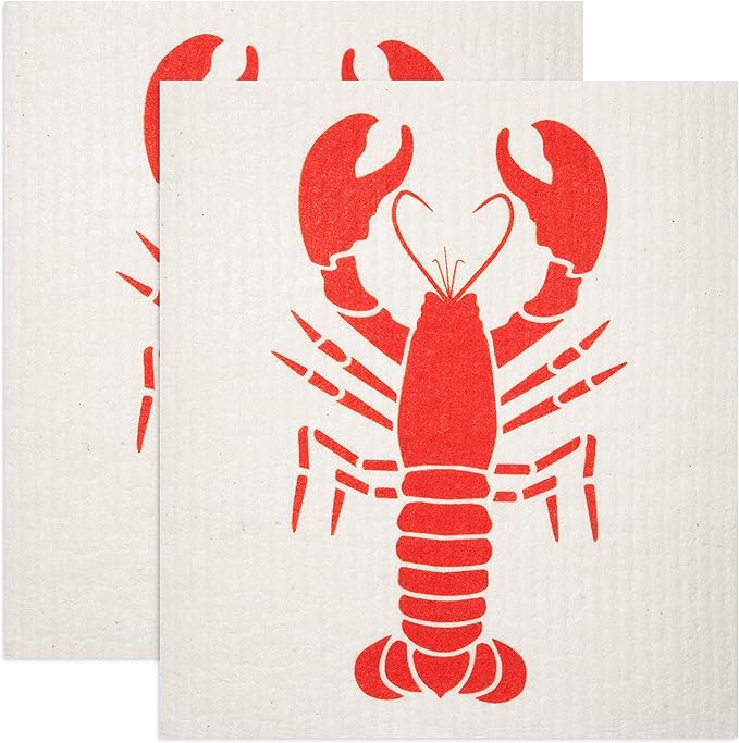 Swedish Dishcloths 2 Pack Red Lobster Print Reusable Sponges Kitchen Cleaning Cloth Dish Scrubber, Machine Washable, Measures 7.87”x6.88 inches.