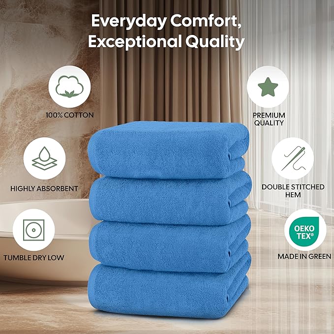 EcoNour 4 Pack Blue Bath Towels (27x54 Inch, 550 GSM) | 100% Cotton Soft & Absorbent Towel Set | Quick-Dry, Lightweight, Durable Bathroom Towels for Home, Gym, Spa & Travel