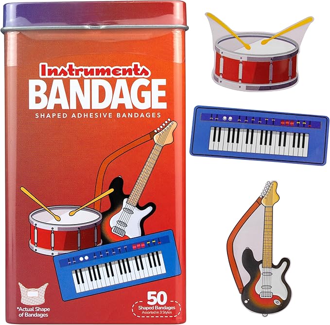 BioSwiss Kids Bandages, Musical Instruments Shaped Self Adhesive Bandage Set, Latex Free, Sterile Wound Care, 50 Count