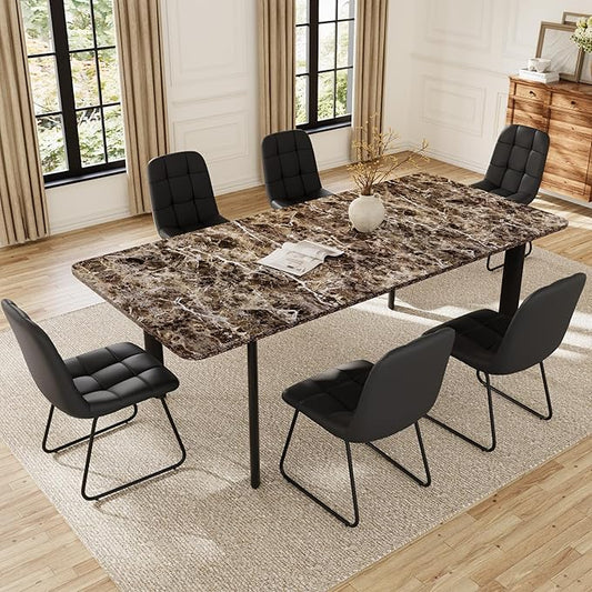 Extendable Dining Table Set for 6-8 People, 63 to 78.7 Inch MDF Kitchen Table with 6 Upholstered Chairs, Space-Saving for Dining Room, Breakfast Nook (Brown Table & 6 Black U-Shaped Chairs)