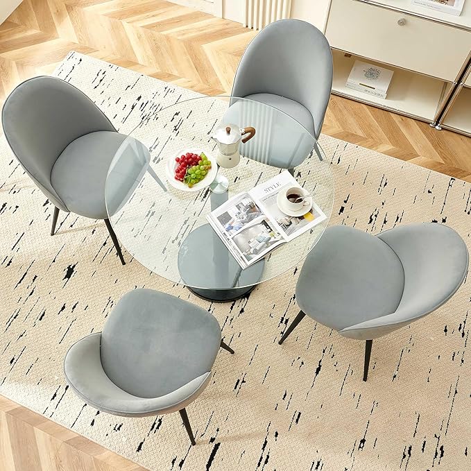 Modern Circle Dining Table Set for 4, 35.43-Inch Kitchen Coffee Table Set with 4 Seated Dining Chairs Upholstered Velvet Reception Room Chairs, Tulip Glass Table Set, Metal and Marble Base