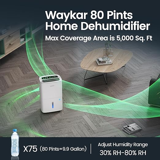 Waykar Max 80 Pint/D(Standard 62Pint/D) Energy Star Home Dehumidifier for Spaces up to 5,000 Sq. Ft in Basement Home and Large Rooms with Drain Hose, Handle, Auto Defrost and Self-Drying