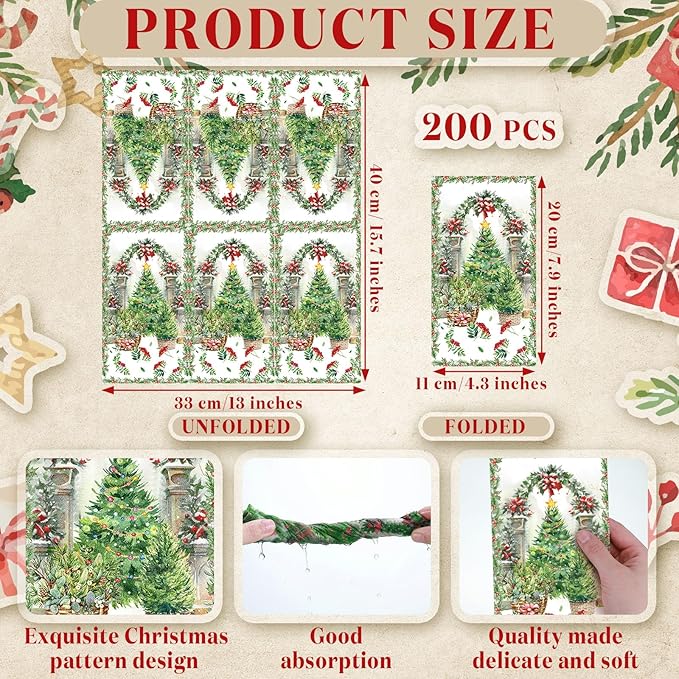 Jetec 200pcs Christmas Guest Napkins Christmas Tree Disposable Hand Towels for Bathroom Winter Conservatory Decorative Disposable Guests Napkins Guest Towels for Holiday Kitchen Dining Table