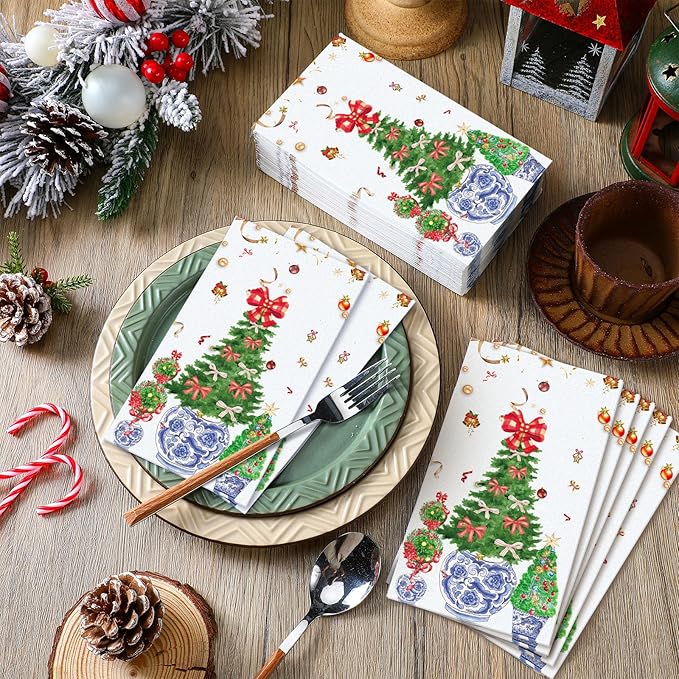 Jetec 200 Pcs Christmas Guests Napkins Disposable Hand Towels for Bathroom Christmas Tree Decorative Disposable Guests Napkins Topiary Trees Paper Guest Towels for Xmas Holiday Kitchen Dining Table