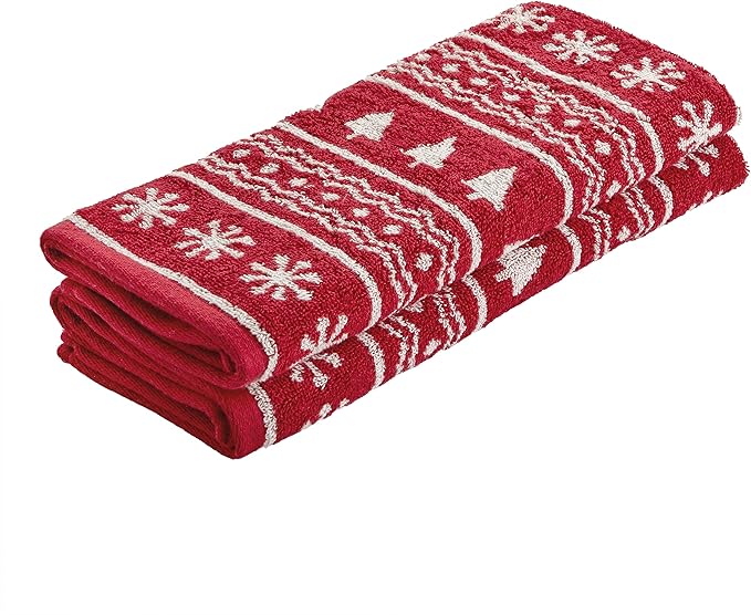 SKL Home Winter/Christmas Fair Isle Hand Towel 2pc Set for Bath/Kitchen/Bar & Gift, Red