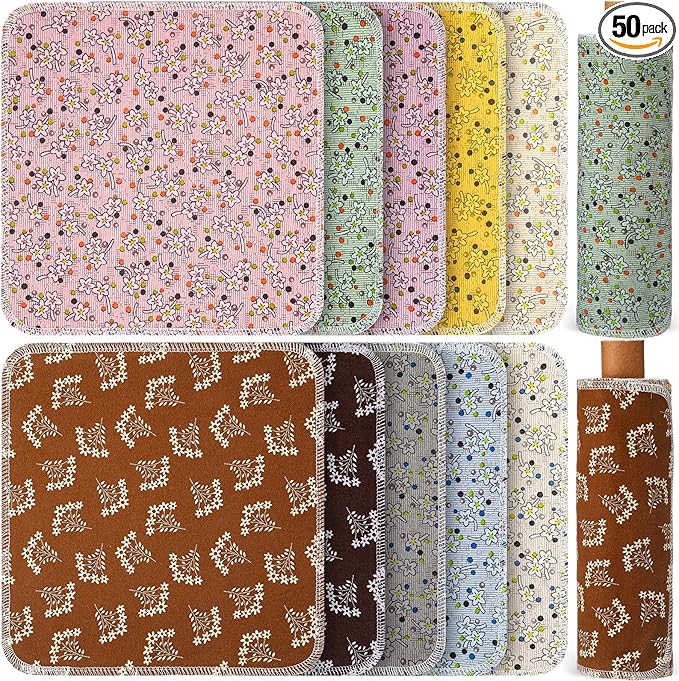 Redbaker 50 Pcs Reusable Paper Towels Paperless Reusable Cotton Cloths Toilet Absorbent Washable Paper Towels with Roll Kitchen Dishcloth for Kitchen Paperless Dishcloths(Okra)