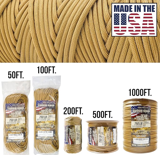 TOUGH-GRID 750 Paracord Rope Nylon Parachute Cord, Made in USA Survival Kit, Outdoor Adventures, Camping, Tactical Gear & Emergency Supplies, Military Type IV Mil-Spec