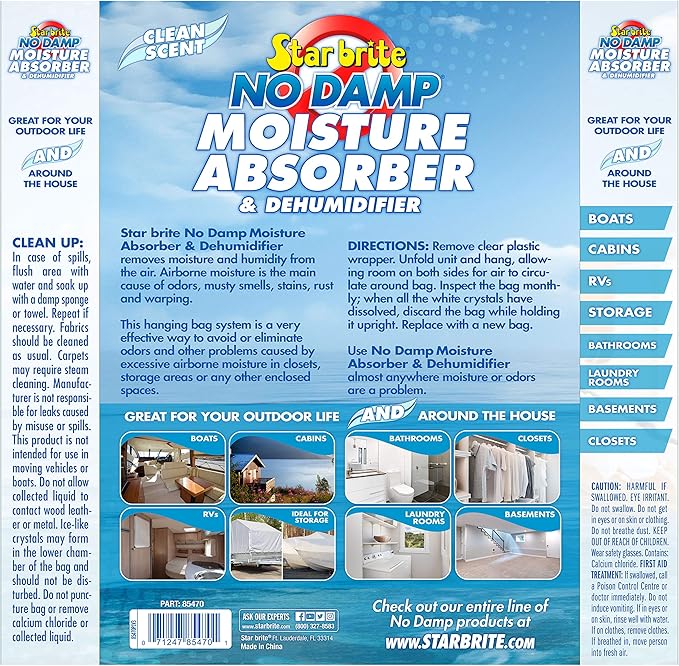 STAR BRITE No Damp Moisture Absorber & Dehumidifier Hanging Bag - Simple, Portable, Humidity Control for Boats, RVs, Seasonal Homes & More - Prevent Odor & Moisture Damage - 16 OZ (085470)
